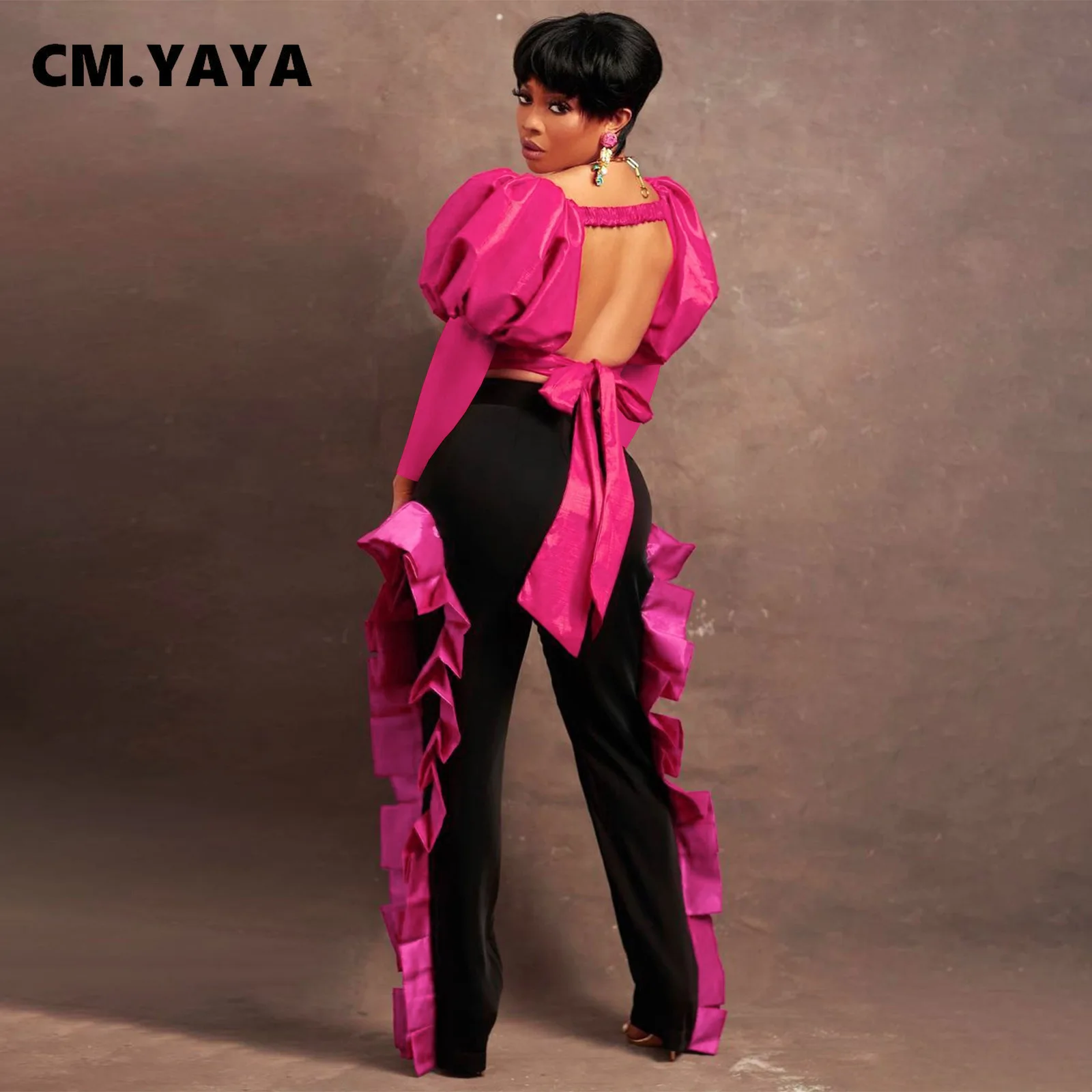 

CM.YAYA Women Two 2 Piece Set Pull Long Sleeve Backless Crop Tops and Ruffles Side Patchwork Pants Matching Set Outfit Tracksuit
