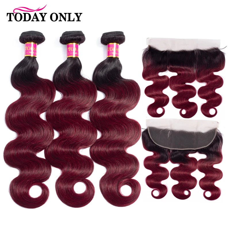 Human Hair Frontal With Bundles Ombre Brazilian Weave Honey Blonde 613 Body Wave Burgundy Remy | Шиньоны и парики