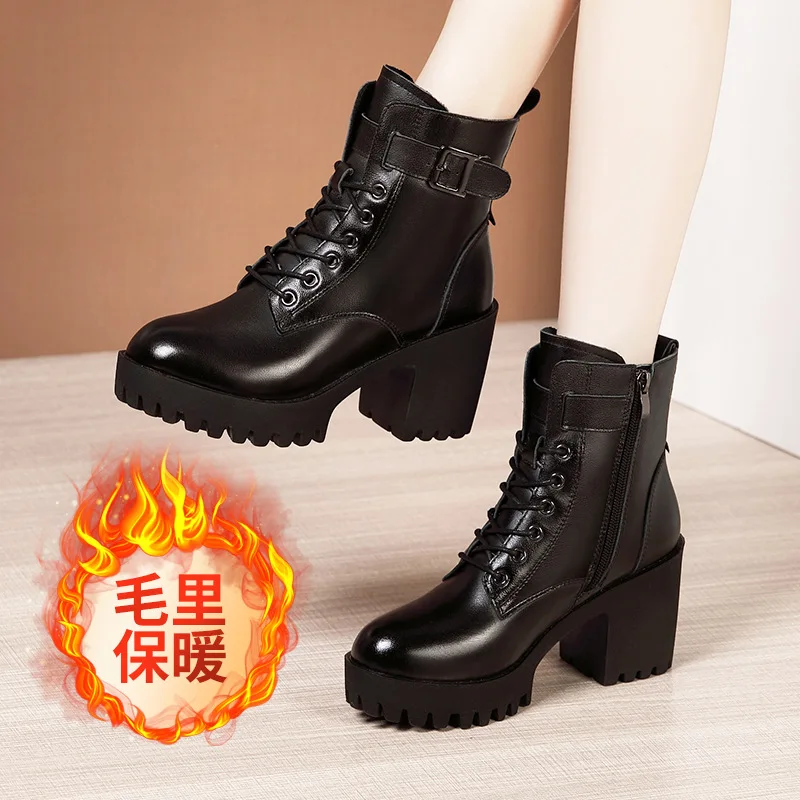 

Size (32-43) New Fashion Buckle Block Heels Women Genuine Leather Shoes Fall Winter Shoes Platform Ankle Boots High Heels Ladies