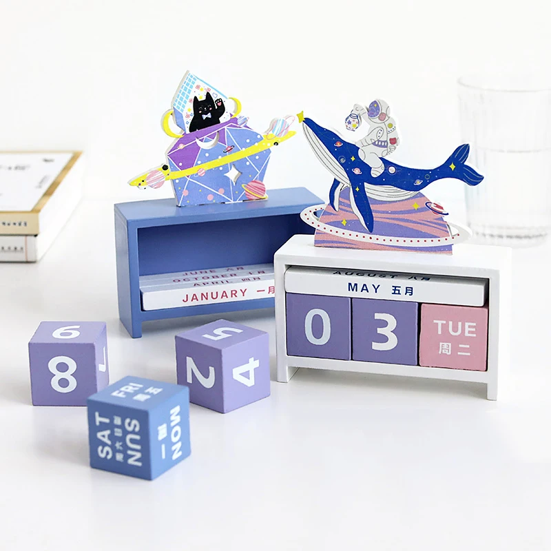 6 Design Wooden Permanent Calendar Table Desk 2022 Office Desktop Decoration Galaxy kawaii Rustic Kids Gift | Канцтовары для офиса