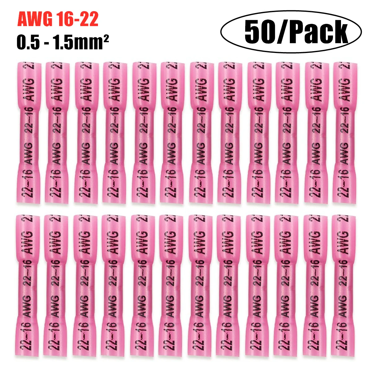 

50/25PCS Electrical Wire Terminal Heat Shrink Butt Crimp Terminals Red Waterproof Insulated Seal Wire Connectors 22-16 AWG