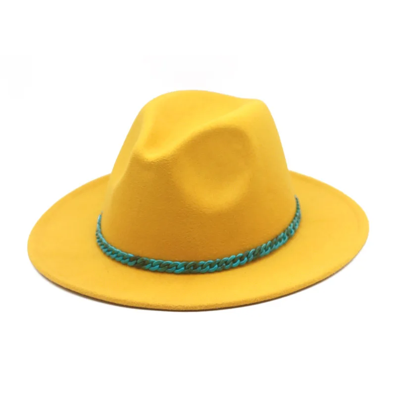 

men fedora hats Jazz Hats British style turquoise chain hat women fashion hat wide brim hat jazz woolen hat new flat brim hat