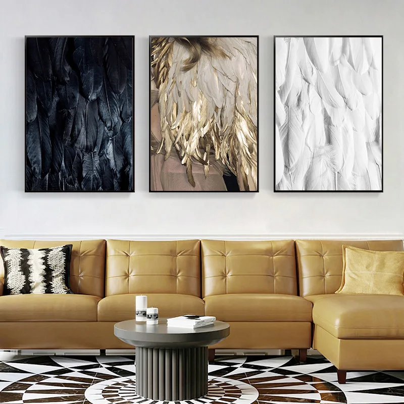 

Black and White Golden Feather Wings Poster Home Decoration Nordic Minimalist Living Room Background Wall Frameless Picture Core