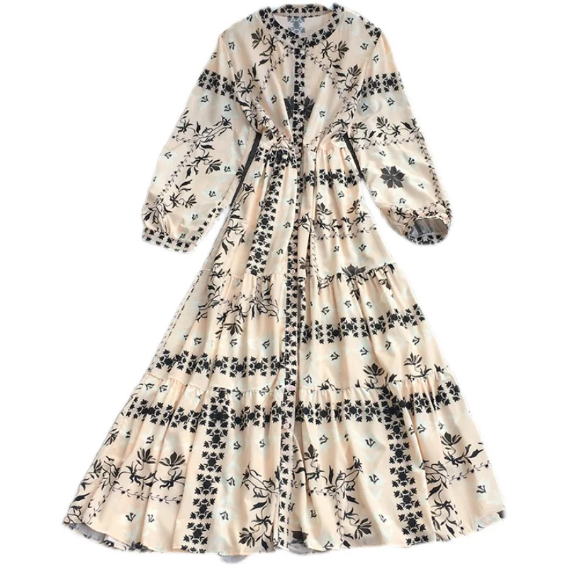 

2021 Autumn Shirt Dress Long Sleeve Vintage Maxi Dresses Women Floral Print Mid-calf Beach Dress Vacation Clothing Vestido Mujer