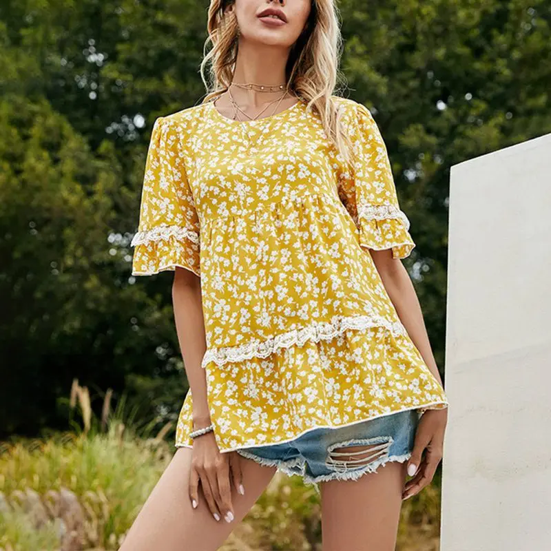 

Summer Half Sleeve Female T-shirt Casual Round Collar Lace Stitching T-Shirts Women Sweet Tops