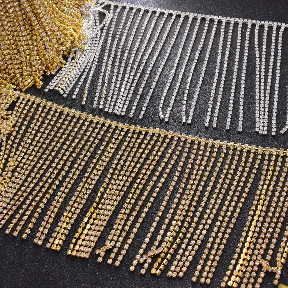 Оптовая продажа 1 ярд Блестящий Кристалл Стразы отделка с кисточками пришить