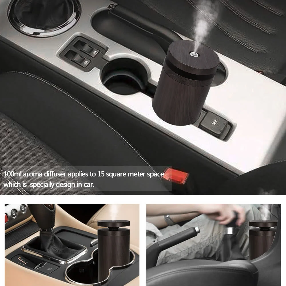 

C1 100ml Car Air Humidifier Aroma Essential Oil Diffuser Aromatherapy 7 Colors LED Light Wood Grain Mist for Office Home EU Plug