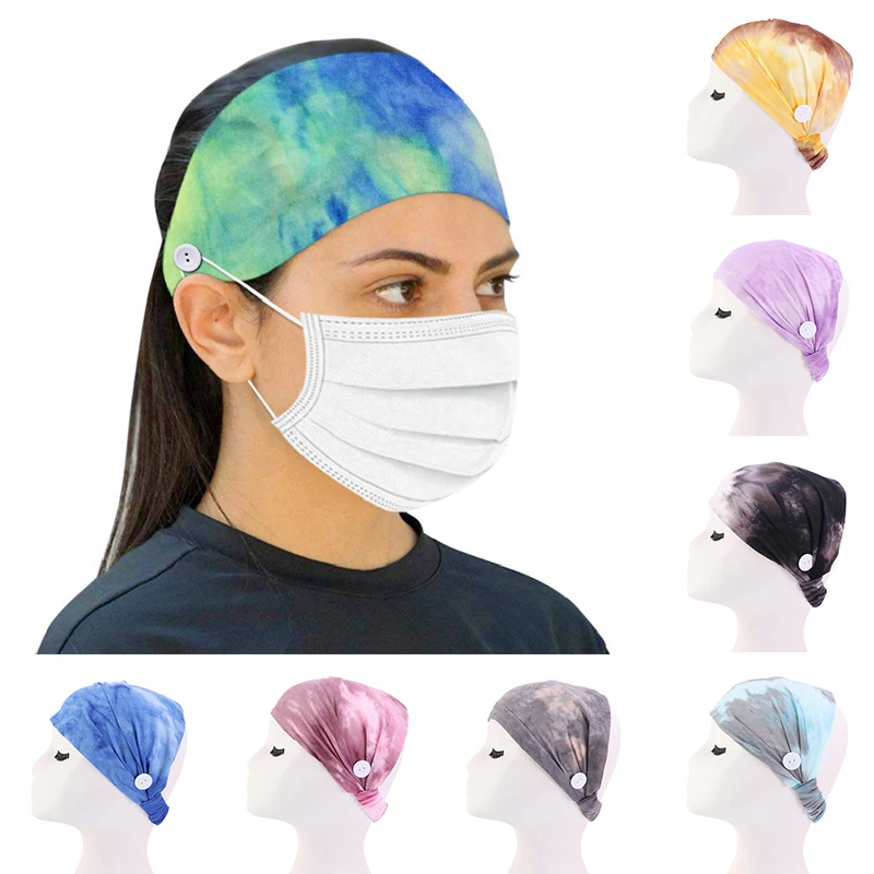 

Turban Headwrap Anti-leak Mask Headband Women Elastic Band Button Headband Tie Dye Hairband Hair Accessories Running Yoga