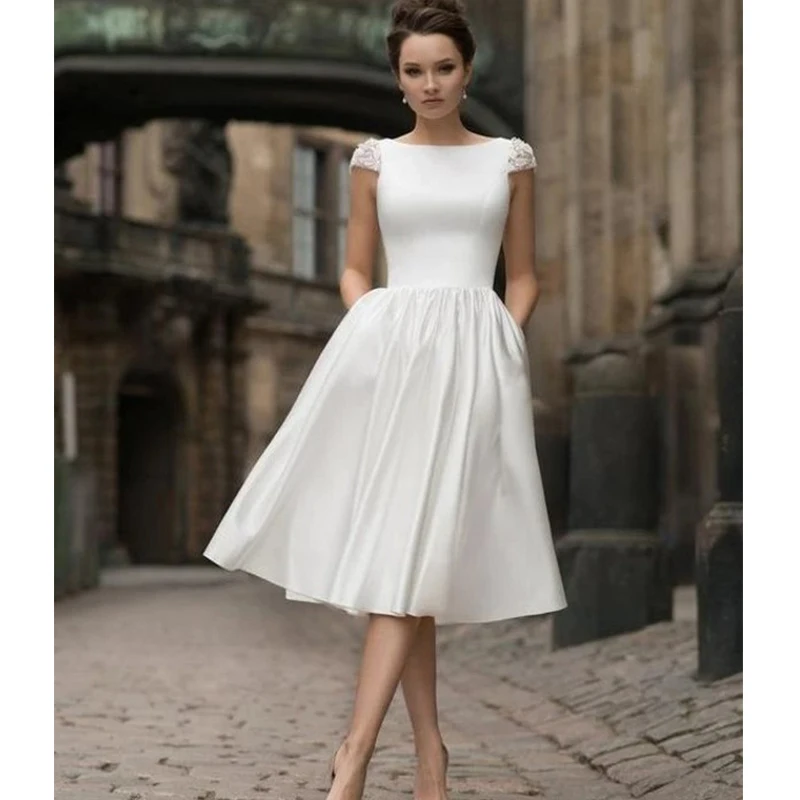 

Affordable Custom Size Plus Size White Ivory Cap Sleeves Short Satin Wedding Dress Reception Dresses