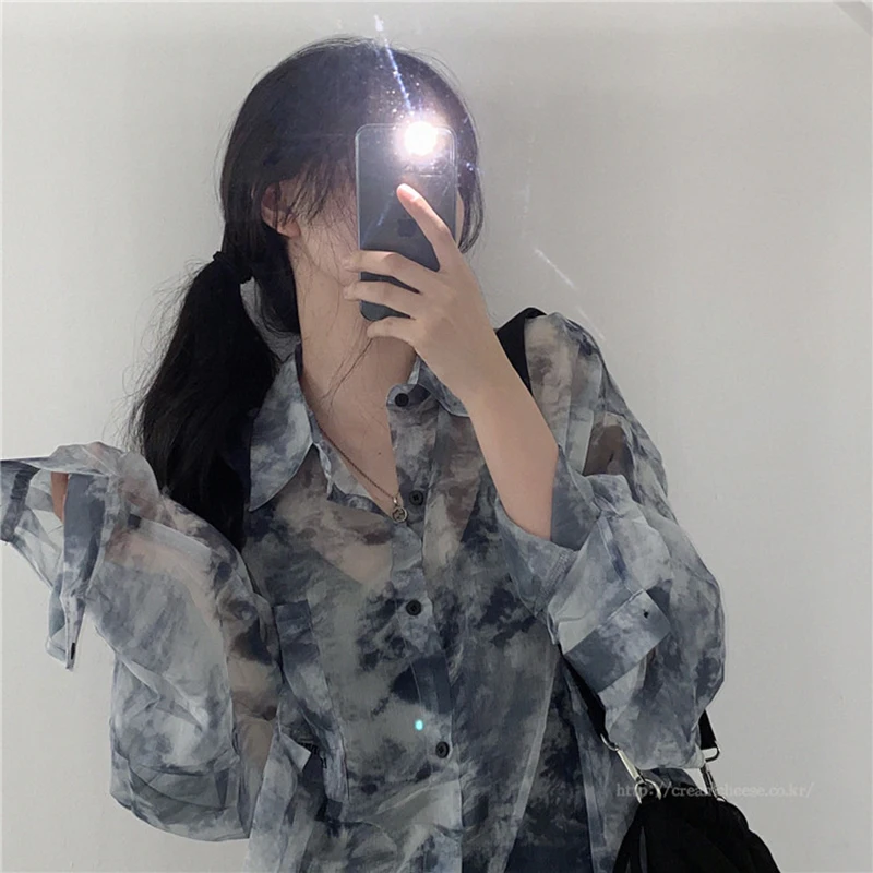

2021 New Summer Loose Transparent Blouse Women Lantern Long Sleeve Thin Sun Protection Shirt Female Casual Tops