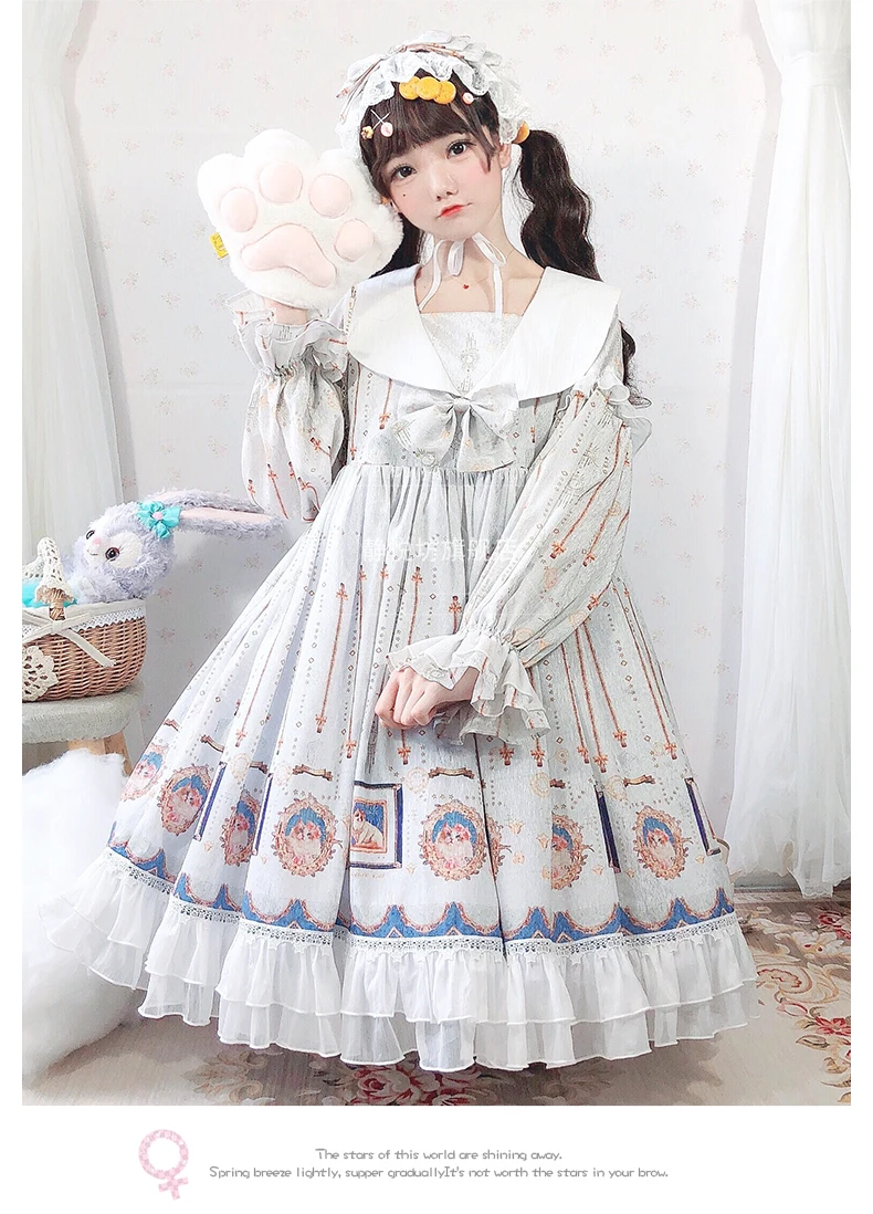 

Japanese sweet princess lolita dress retro falbala bowknot cute printing high waist victorian dress kawaii girl gothic lolita op