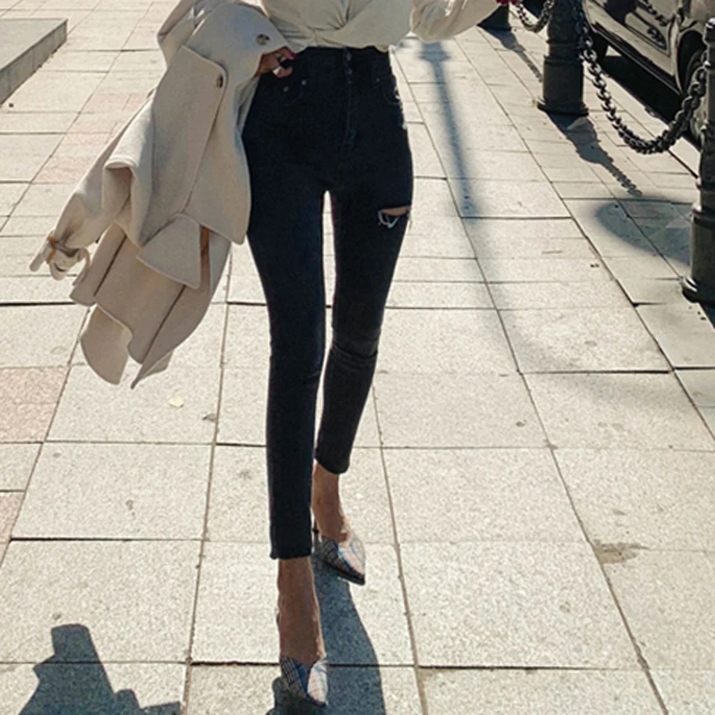 Mozuleva две кнопки обтягивающие джинсы Для женщин рваные брюки Высокая Талия Тонкий