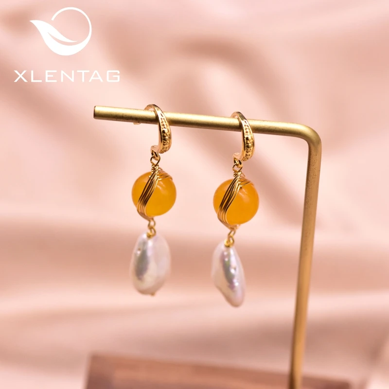 XlentAg натуральный барочный жемчуг желтый камень висячие серьги Крючки для женщин