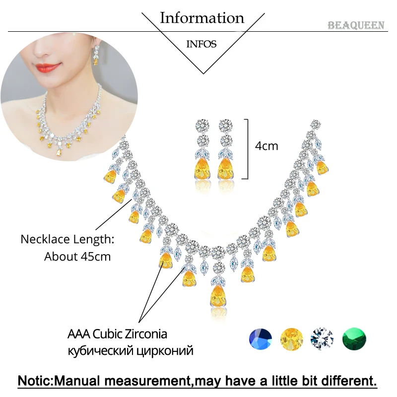 BeaQueen Luxurious African Cubic Zirconia Beads Jewelry Set Nigerian Wedding Yellow Bridal Jewellery Sets For Women JS091 | Украшения и
