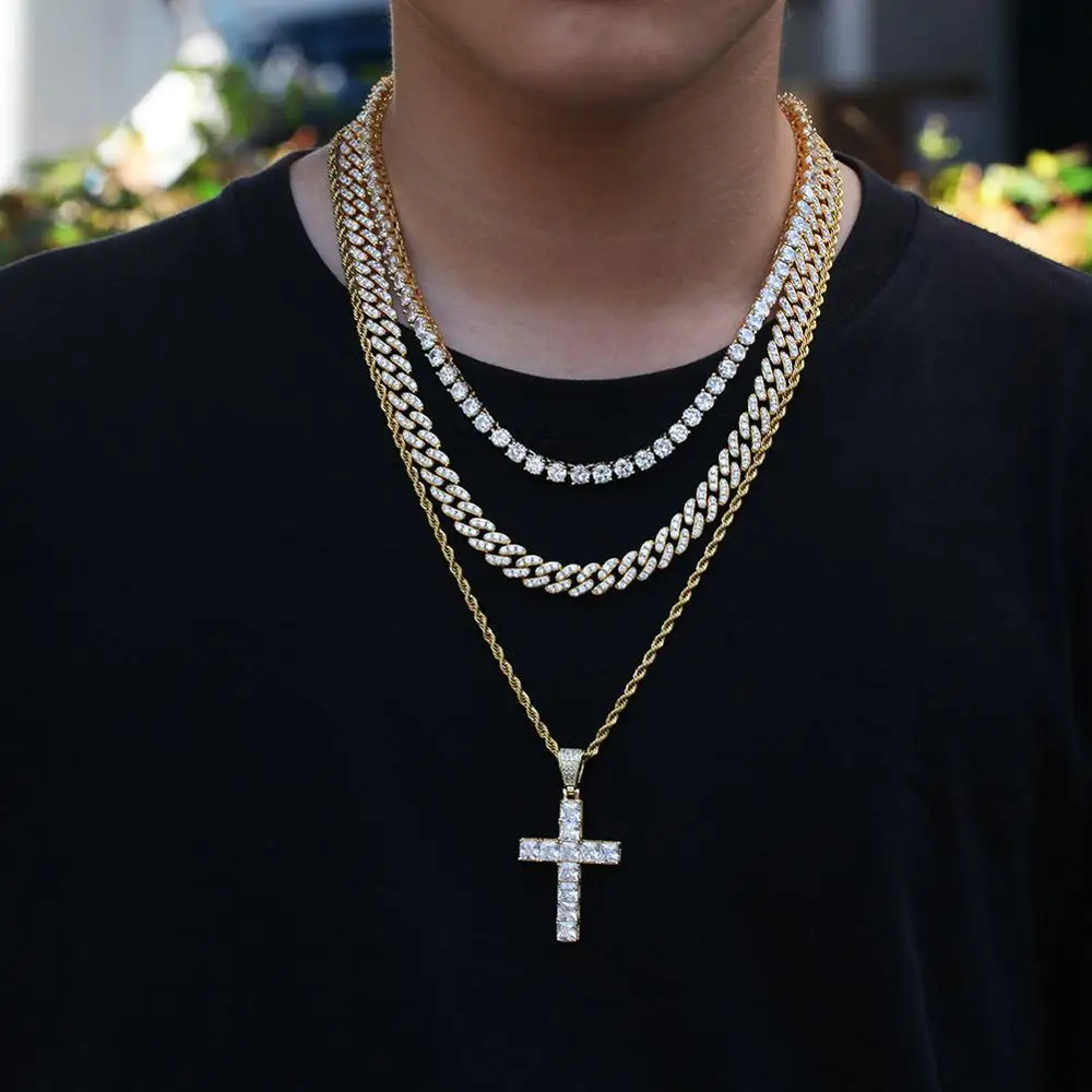 Gold Color Hip Hop Bling Iced Out Necklace Zircon Cross Pendant Chain Jewelry For Men Women DJ-264 | Украшения и аксессуары