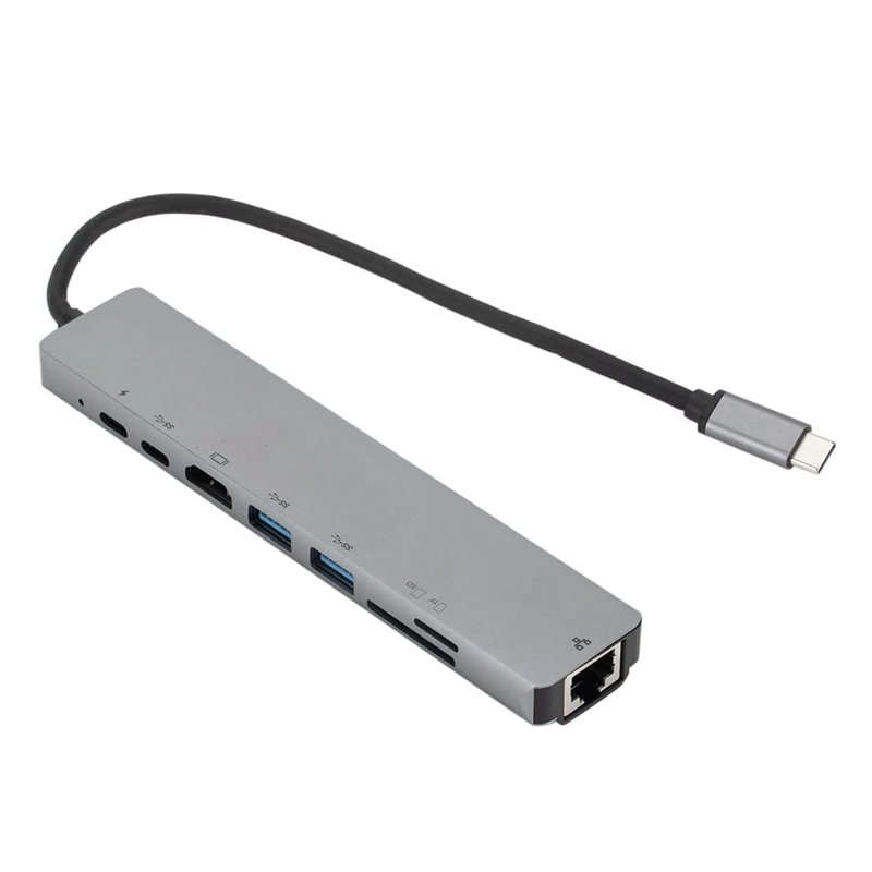

8 In1 USB C Hub USB-C To Type-C 2 USB 3.0 Hub 4K HDMI RJ45 Ethernet Adapter with TF/Mini SD Card Reader PD Charger for