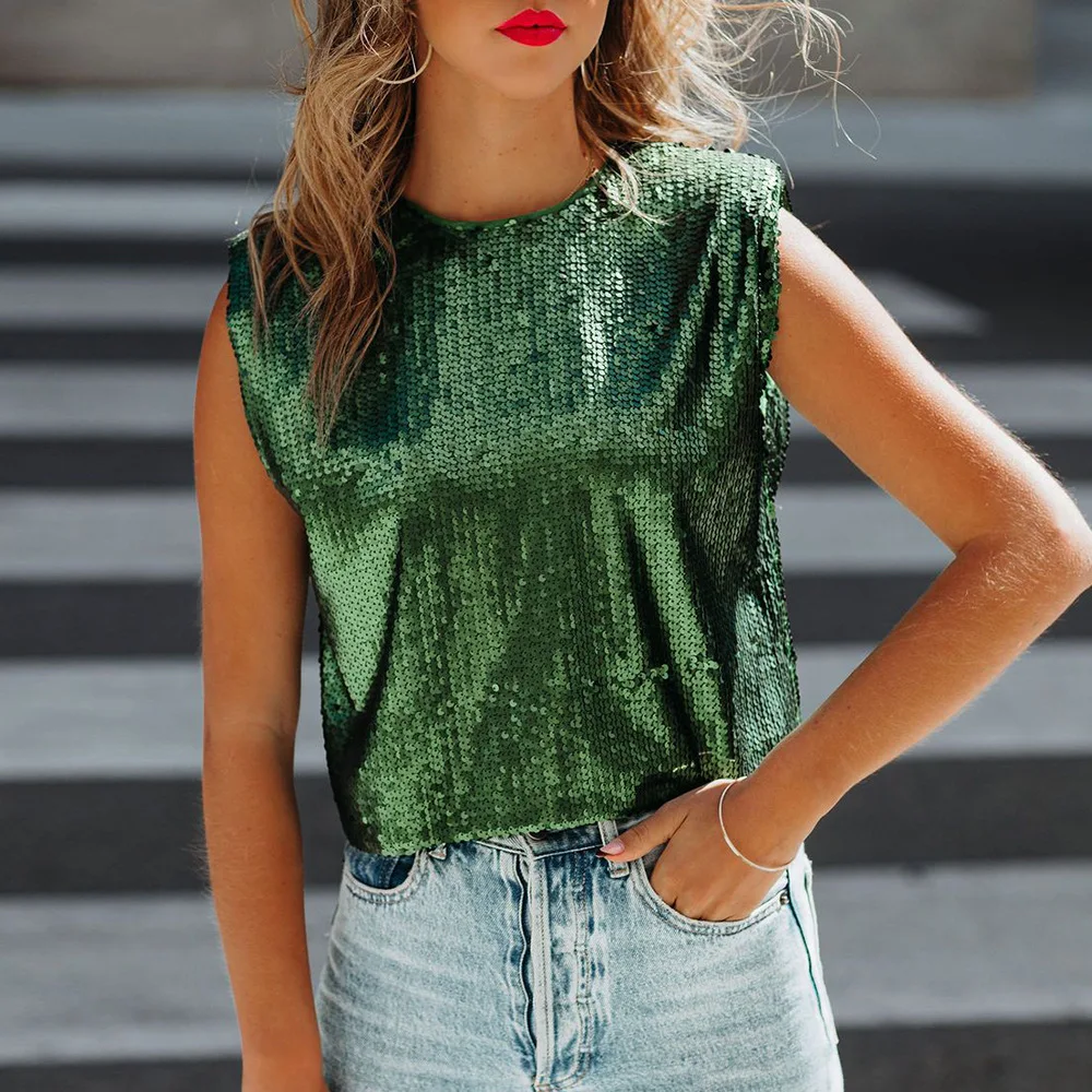 

Women Tshirts 2022 Spring Summer Round Neck Loose Sequined Sleeveless Top T-shirt Women Fashion Streetwear Shirts for Women