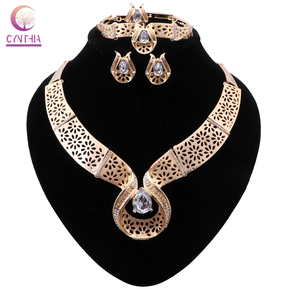 

CYNTHIA Dubai Elegant Bridal Fashion Jewelry Sets Gold Color Necklace Bracelet Earrings Ring Crystal Jewelry Wedding Gift