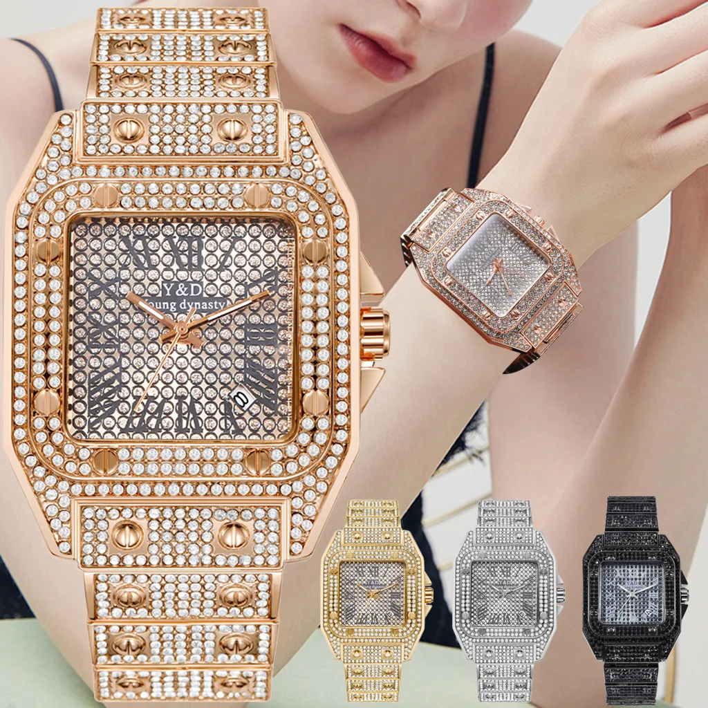 Комплект золотых мужских часов в стиле хип хоп с квадратными стразами