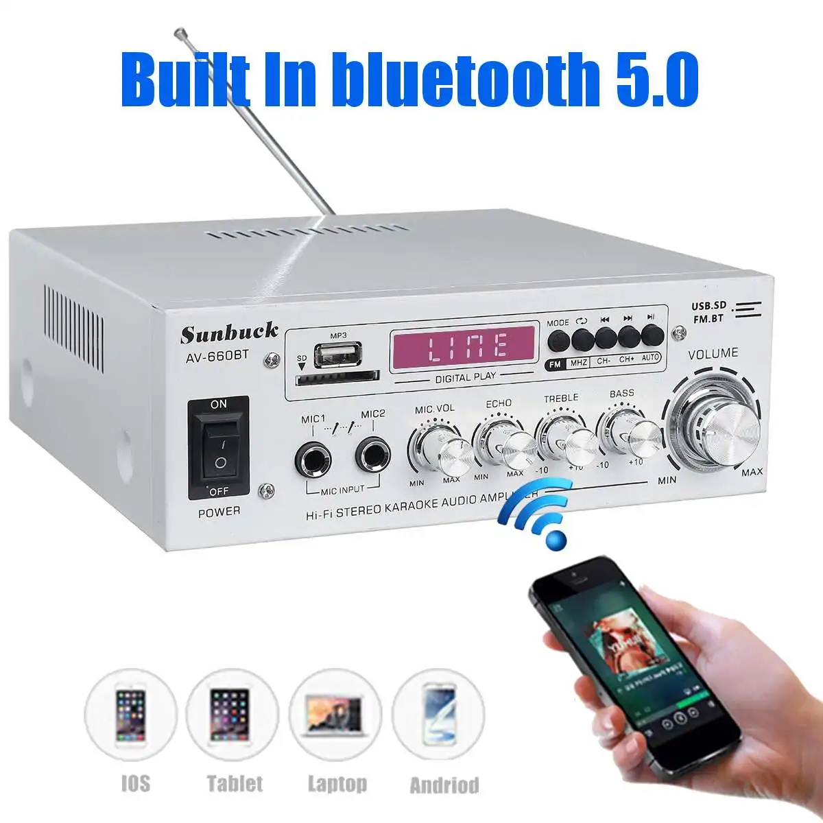 Усилитель мощности аудиосигнала 1200 Вт bluetooth 5 0 каналов 12 В/220 В AV динамик пульт