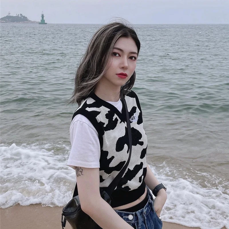 Ранняя Осенняя жилетка для девочек ретро колледж черно-белая корова Леопардовый