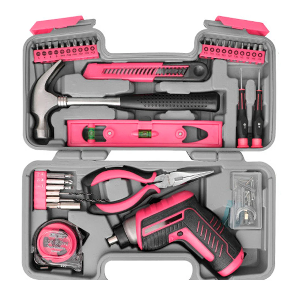 

35PCS Electric Screwdriver Home Tool Kit USB Rechargeable Pink Hand Tool Bits Pliers Hammer For Household Repair Screwdriver Set