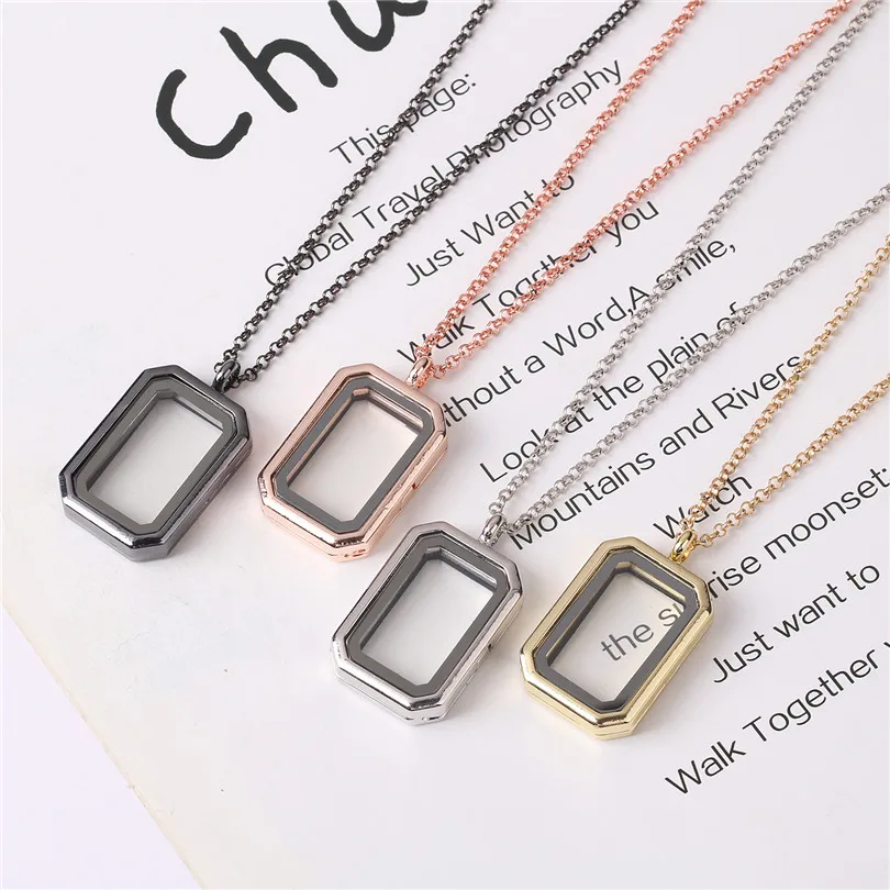

1pcs Rectangle Magnetic Glass Alloy Plain Photo Locket Living Memory Floating Chain Necklaces Diy Women Wedding Gift Jewelry
