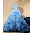 Экстра пышные небесно-голубые официальные платья для выпускного вечера Высокая Низкая пышная Тюлевая кружевная элегантная длинная вечерняя одежда с V-образным вырезом вечерняя одежда