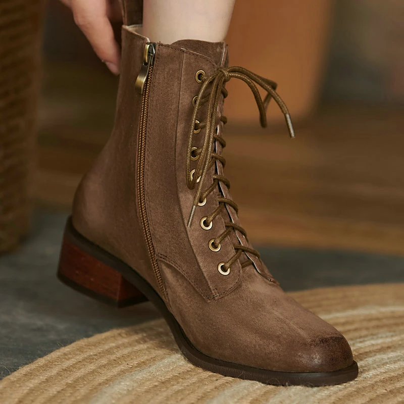 

square Toe Ankle boots Women 2021 Winter suede Leather Chunky Heels Pumps Female Cross Tied Newest Working Prom Shoes Woman