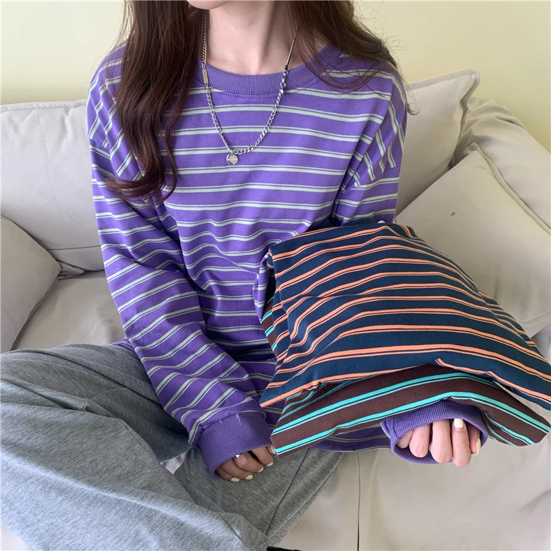 

2021 Spring and Autumn Striped Sweater Women Casual Pullover Thin Round Neck Top Korean Streetwear Plus Size Women's Clothing