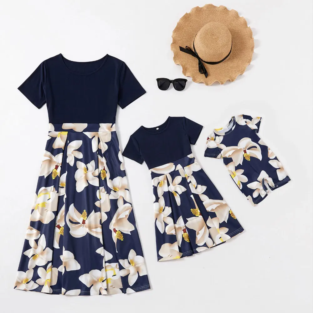 

Parent-Child Floral Print Dress Suit Baby Jumpsuit Summer O-Neck Dress Mother & Son Mother & Daughter Vintage Family Clothing