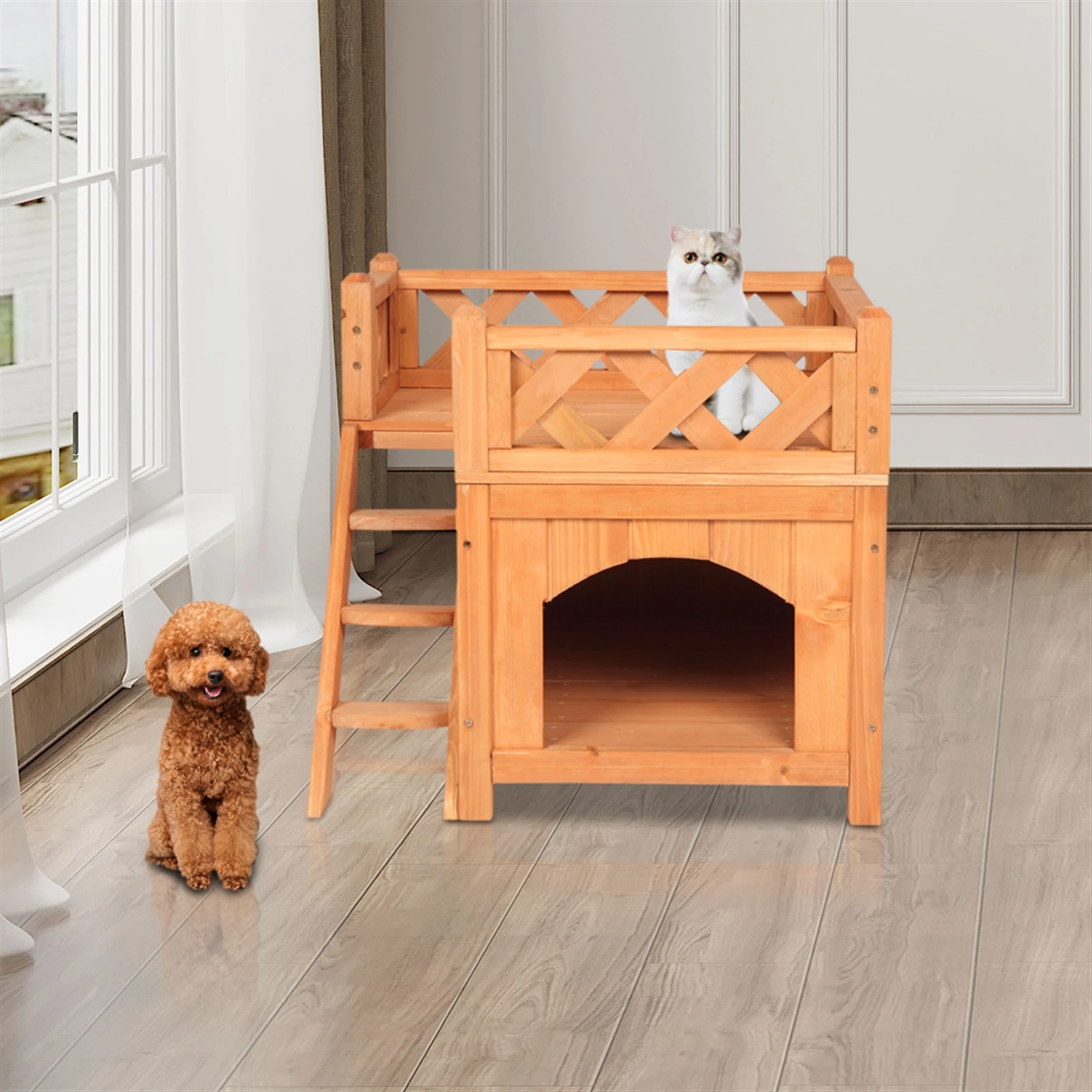 

Pet Wooden Cat House Living House Kennel Balcony Wood Color Cat Accessories