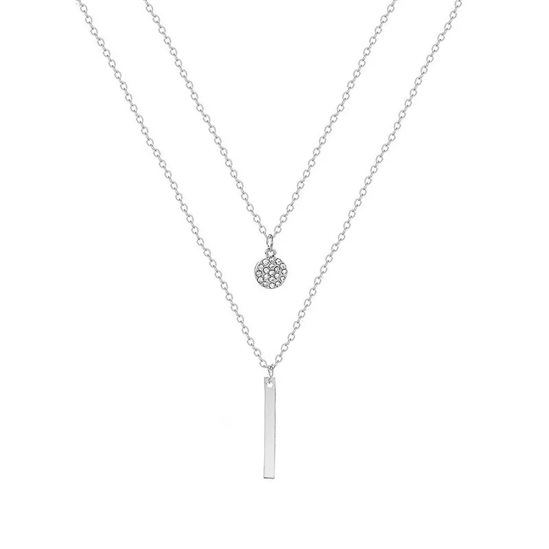 

925 Sterling Silver Double Layer Necklace Round Shiny Full Zircon Long Pendant Necklaces Gift for Girl Fine Accessories