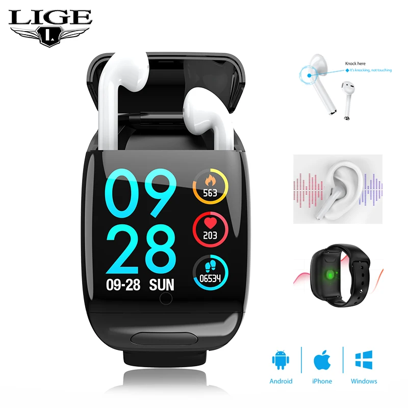 Смарт часы LIGE TWS Bluetooth гарнитура беспроводные наушники фитнес браслет пульсометр