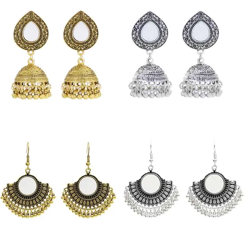 

Vintage Indian Jhumka Earrings For Women Bohemian Bells Tassel Mirror Statement Drop Earrings Gypsy Turkish Tribal Party Gift