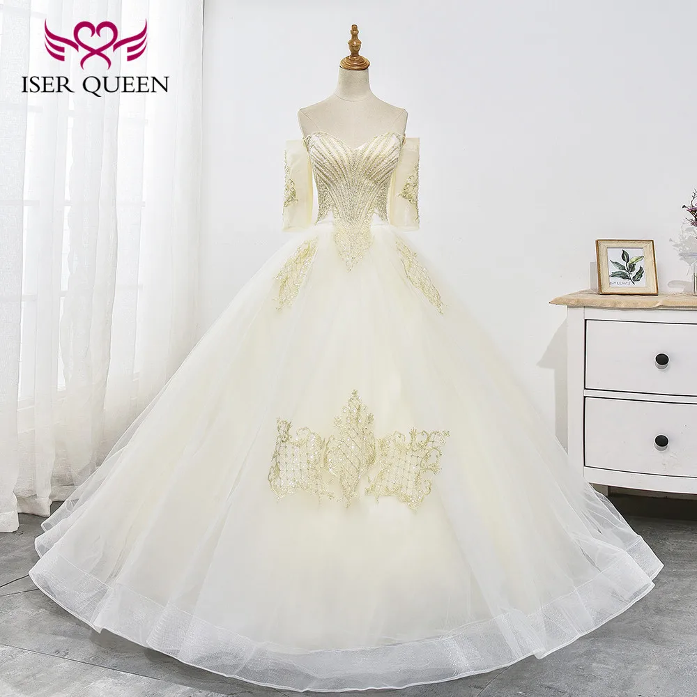Luxury Half Sleeves Delicate Embroidery Sequined Beading Ball Gown Wedding Dress Lace up Ivory ashley carol Princess WX0025 | Свадьбы и
