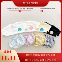 milancel 2021 summer baby suit smile t shirt and plaid bloomer 2pcs korean infant set casual toddler clothes