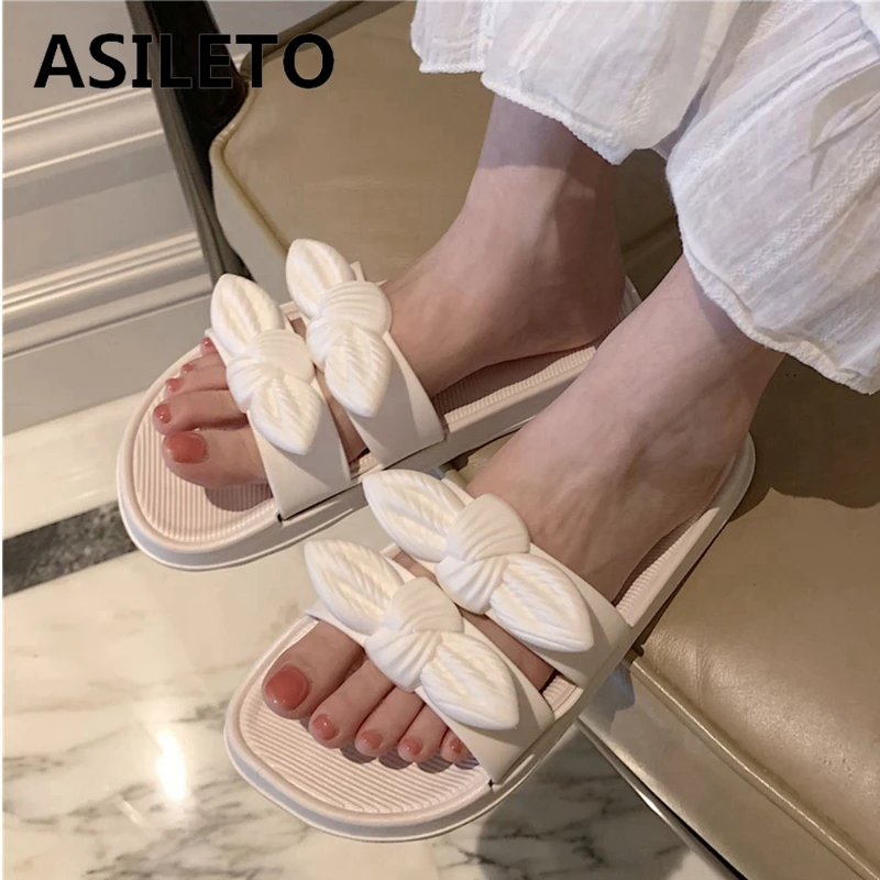 

ASILETO New 2021 Women Slippers Open Toe 2.5cm Heels Slip-On Bowtie Stylish Sweet Soft Comfort Simple Size 40 Summer F1159