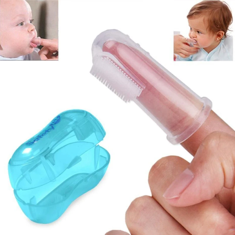 Cepillo de dientes de silicona para beb&eacute; + caja, limpieza de goma, suave, transparente-0