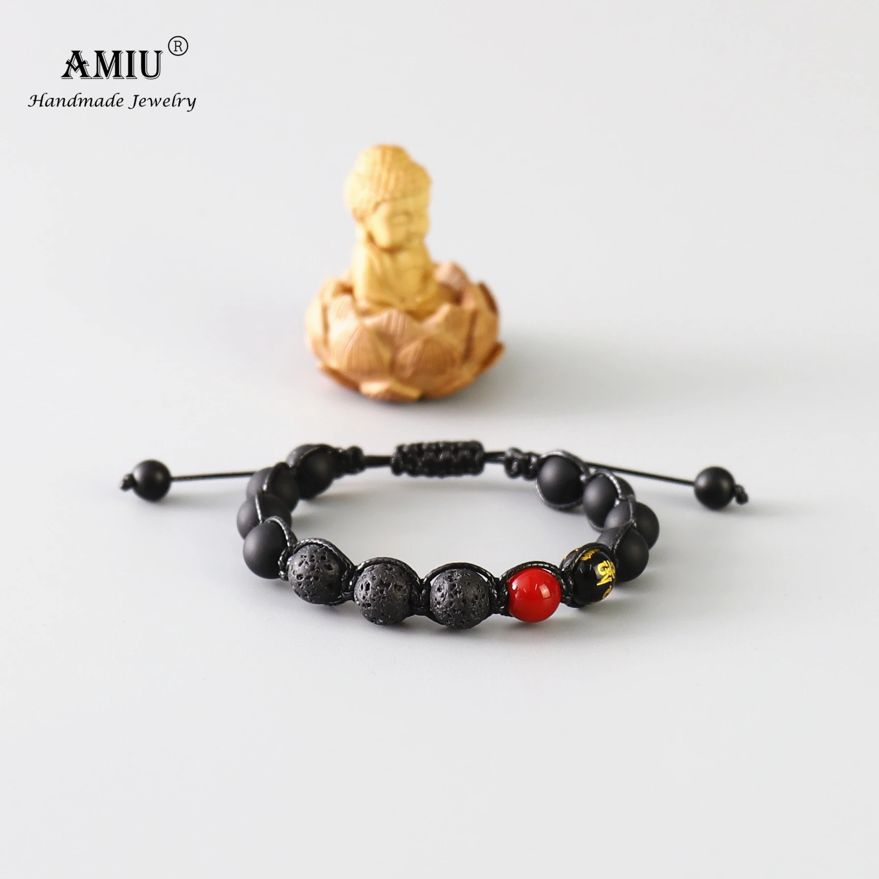 AMIU Handcrafted Men's Natural Stone Bead Bracelet Black Obsidian Wax Cord Lava Rock Beads Rosary Tibetan | Украшения и