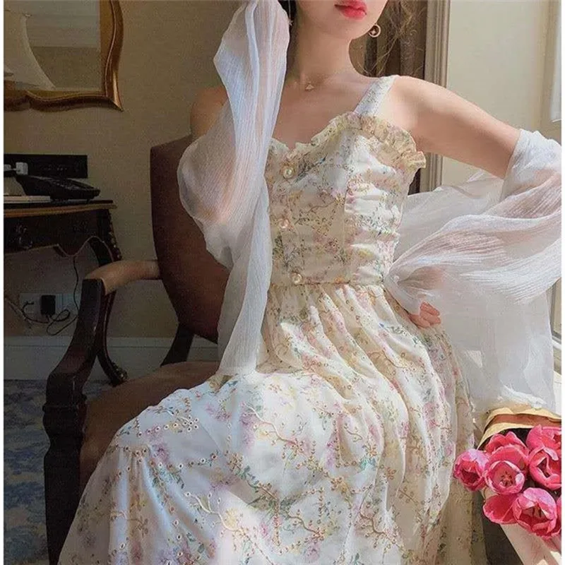 

2021 Summer Fashion Clothing Party One Piece Dresses Korean Sexy Spaghetti Strap Dress Women French Elegant Vintage Floral Dress