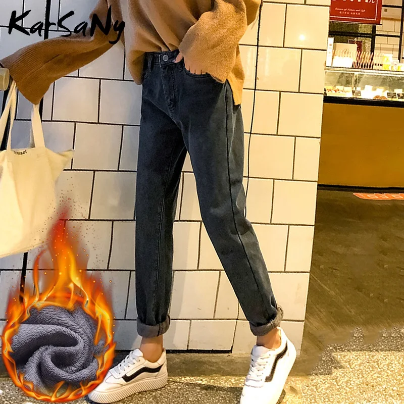 Джинсы для женщин в стиле бойфренд с высокой талией зимние теплые бархатные