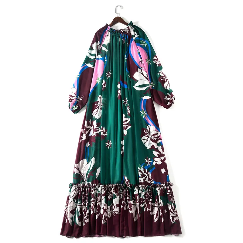 

Loose money of long-sleeved round collar lantern A word printed stitching posed long dress dress on the new spring 2020