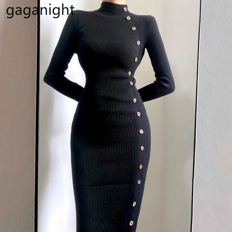 

Gaganight Autumn Half Turtleneck Knee-Length Solid Sweater Dress Women Knit Long Sleeve Midi Bodycon Dresses Slim Vestidos 2021