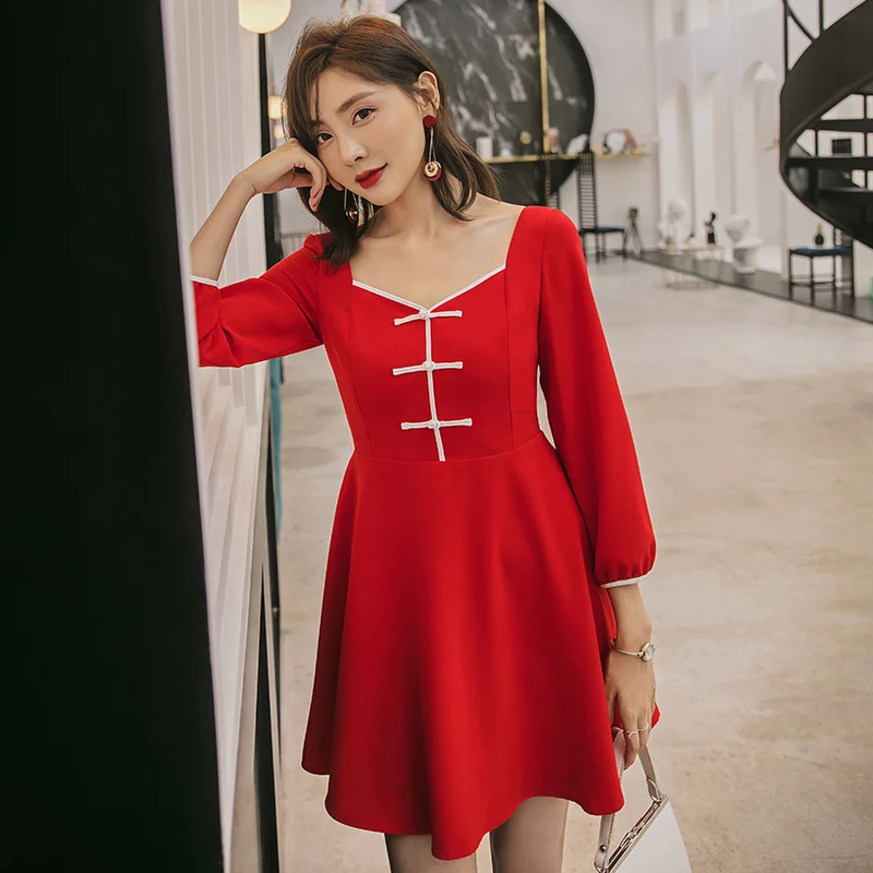 

YIGELILA Autumn New Arrivals Red Dress Square Collar Empire Slim Dress A-line Vintage Lantern Sleeves Short Dress 65221