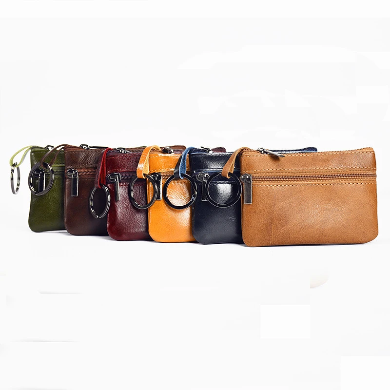 

Genuine Leather Credit ID Card Holder Vintage Coin Purse With Key Ring Small Purse For Men Women Zipper Small Money Bag NR164