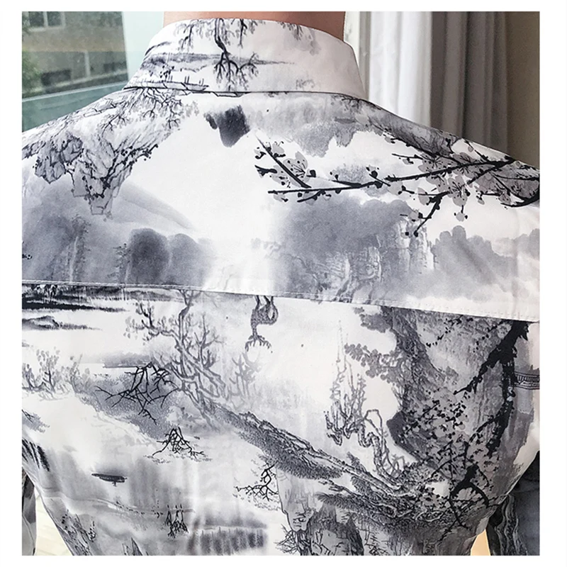 

Chinese Style Landscape Painting Shirts For Men Vintage Retro Mens Long Sleeve Shirts Casual Luxury Camisa Social Masculina V754
