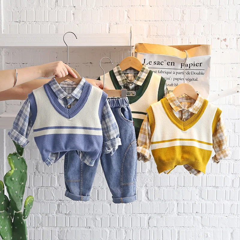 

Baby Girls Cotton Clothes Spring Autumn Children Shirt Sweater Vest Plaid Shirt Pants 3pcs/set Infant Outfit Kid Fashion Toddler