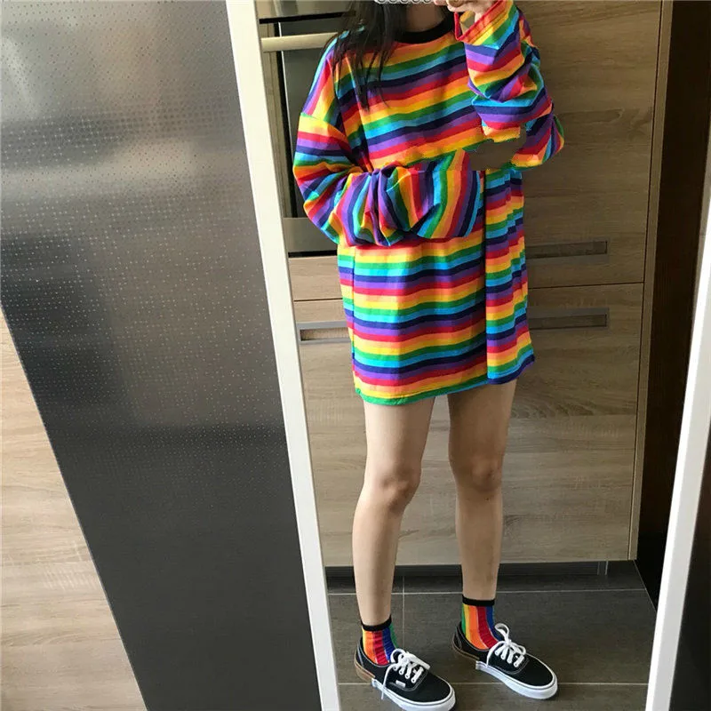 2019 весна осень большие женские футболки Длинные конфеты Уличная Повседневная