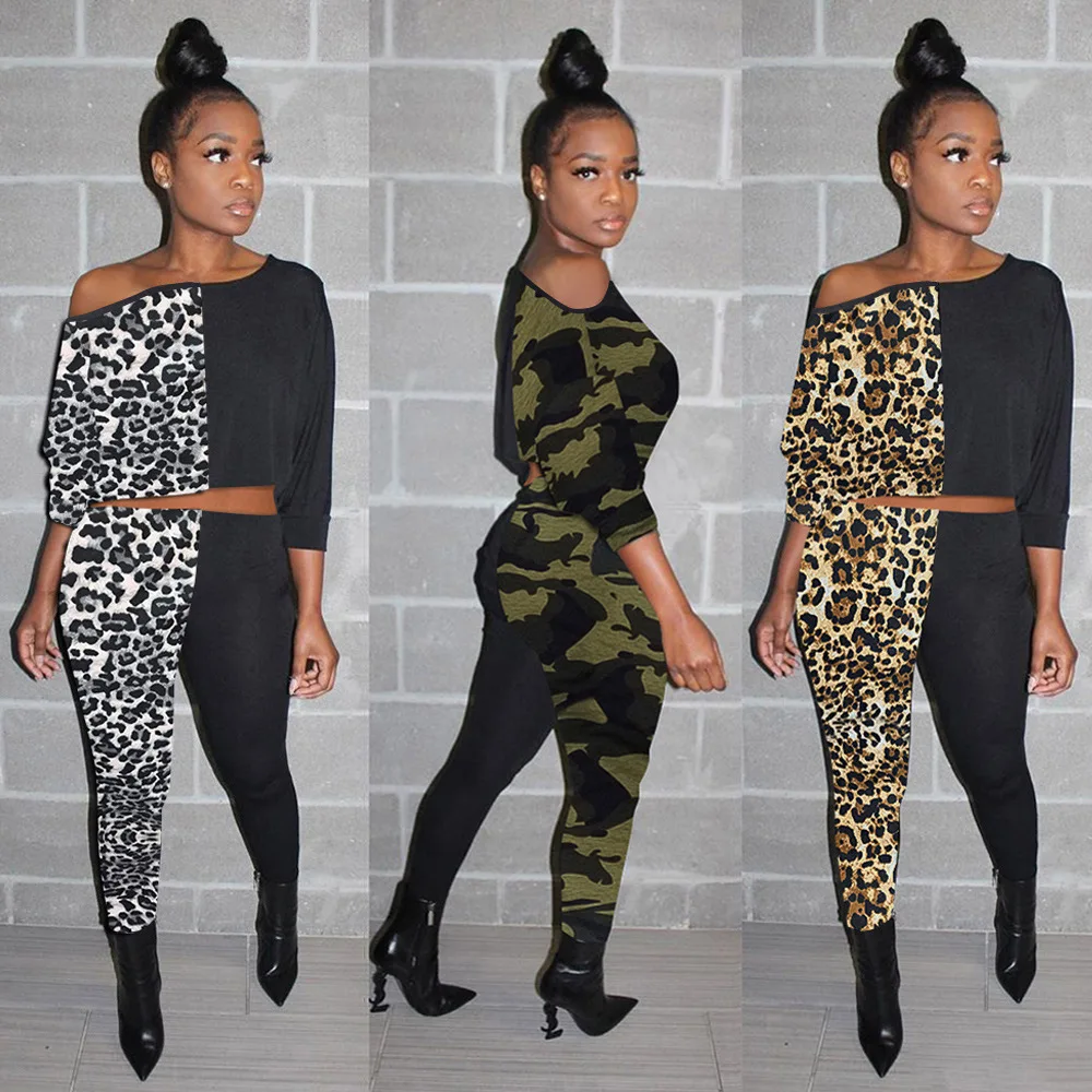

Повседневный комплект из двух предметов с леопардовым принтом, Осенний укороченный топ на одно плечо с длинным рукавом и облегающие леггин...